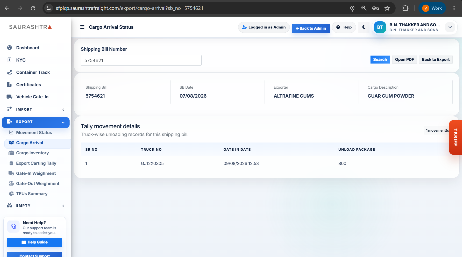 Export Cargo Arrival Search by SB Number