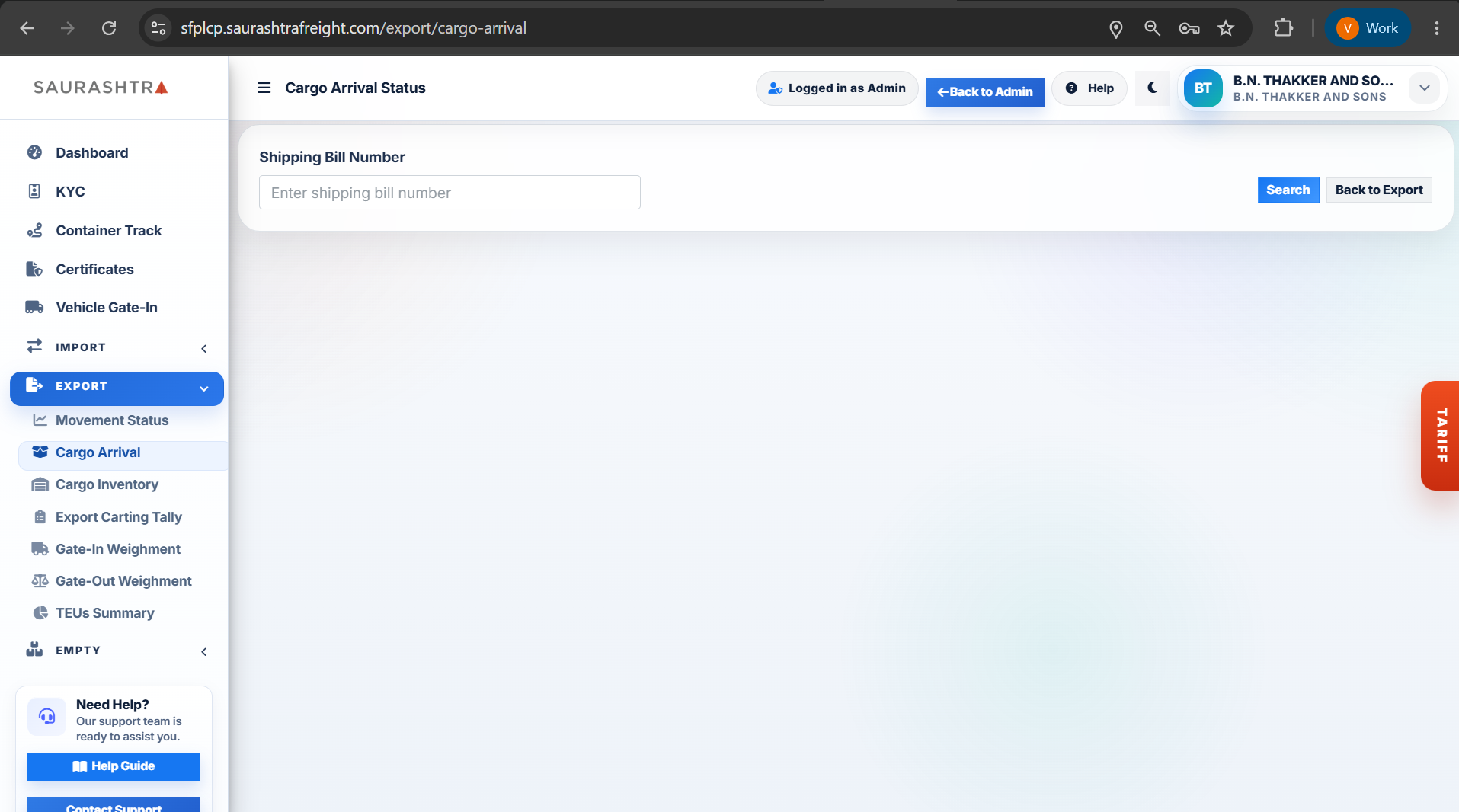 Export Cargo Arrival Search Form