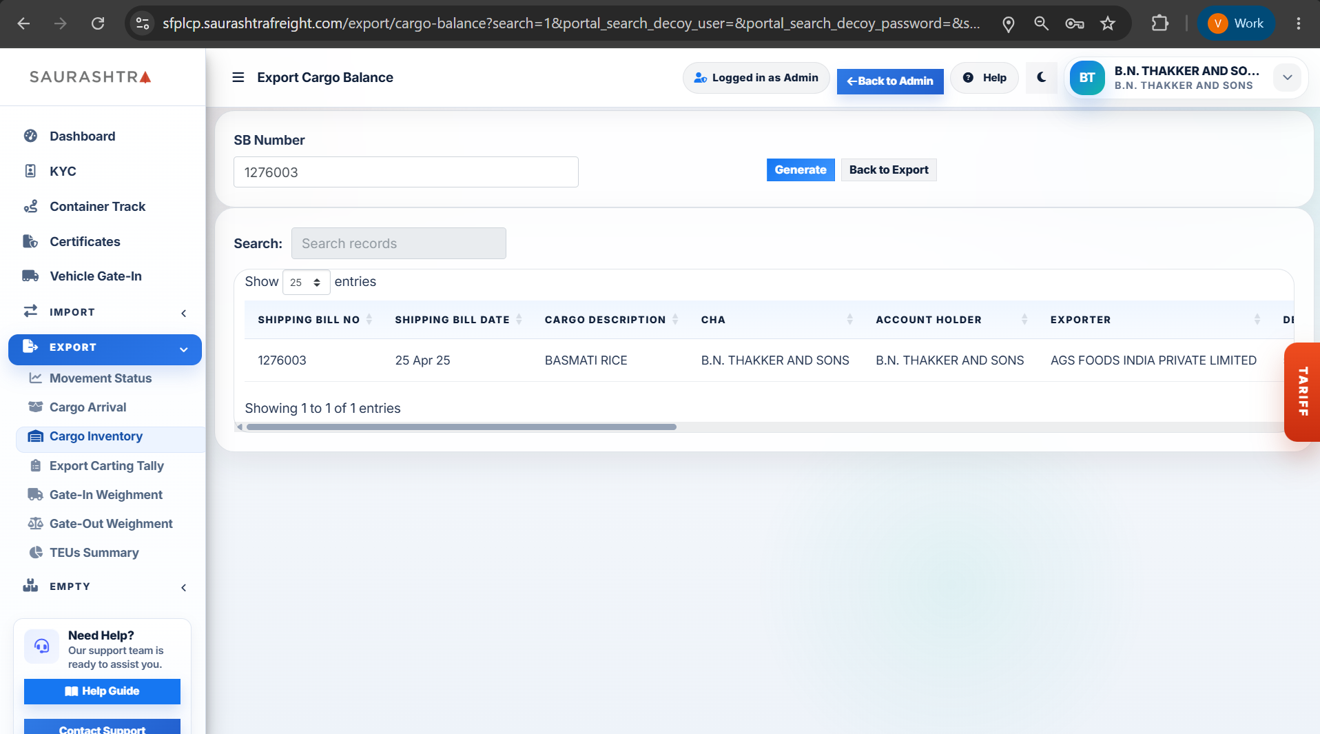 Export Cargo Inventory Balance Records