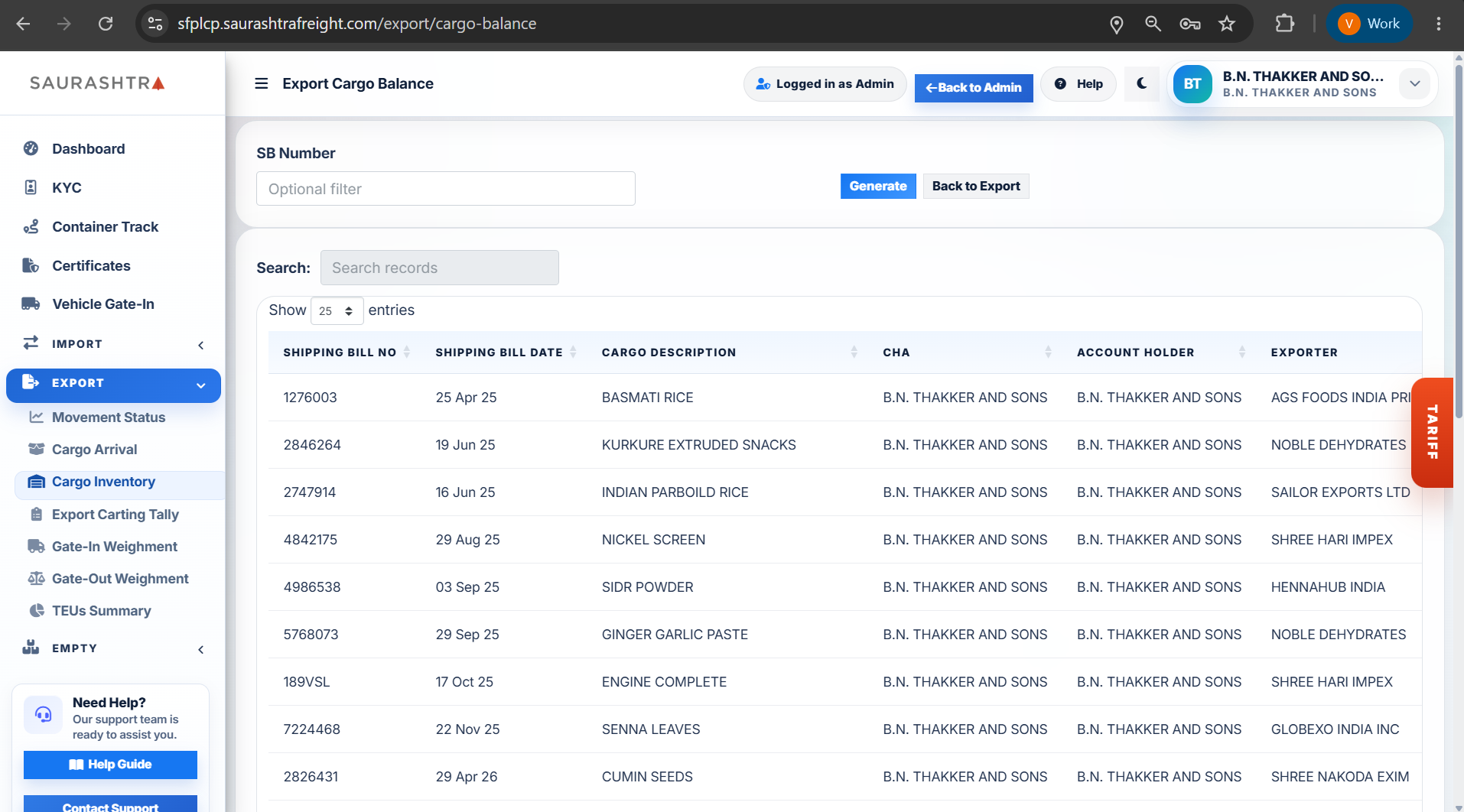 Export Cargo Inventory Search Form
