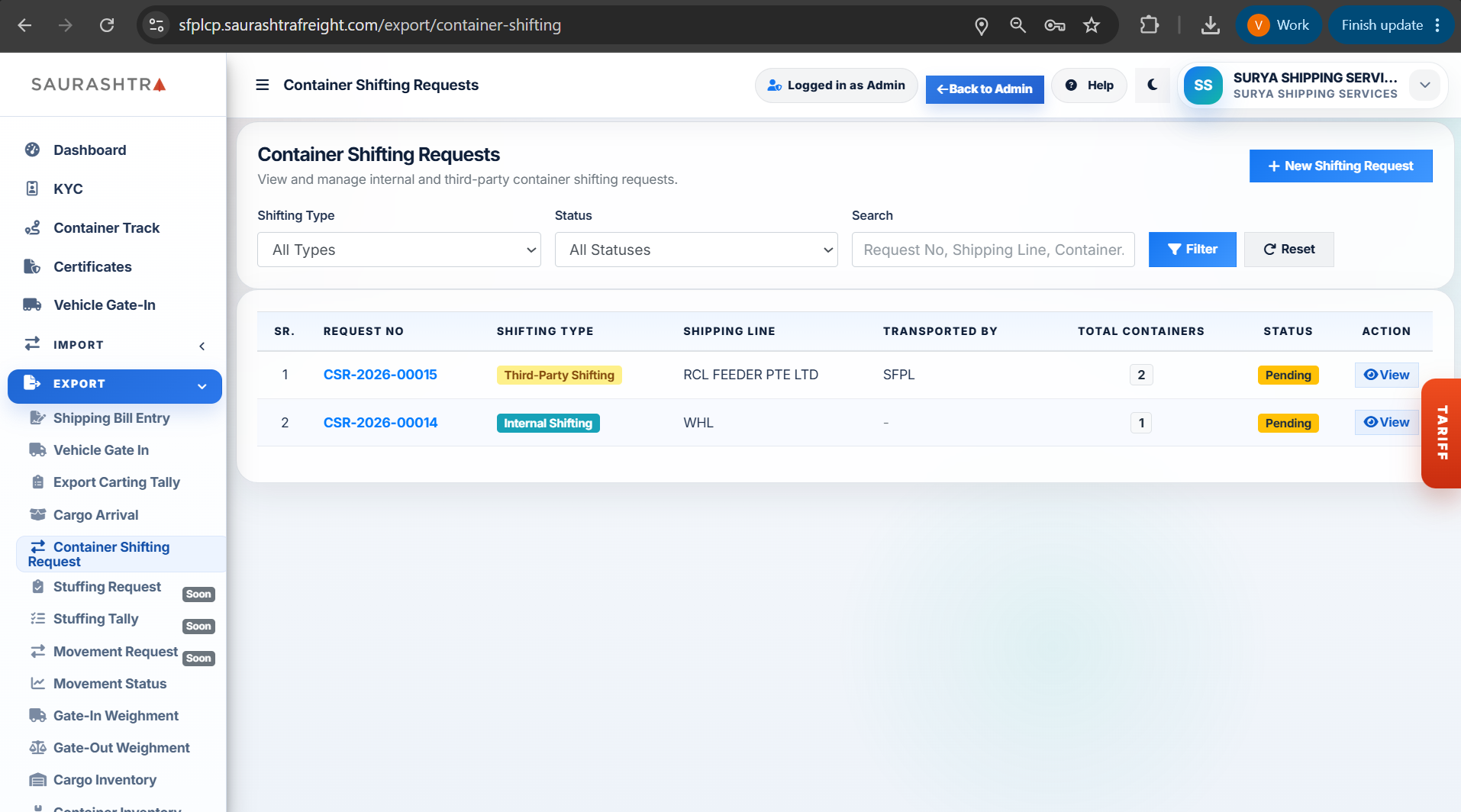 Container Shifting Requests Listing