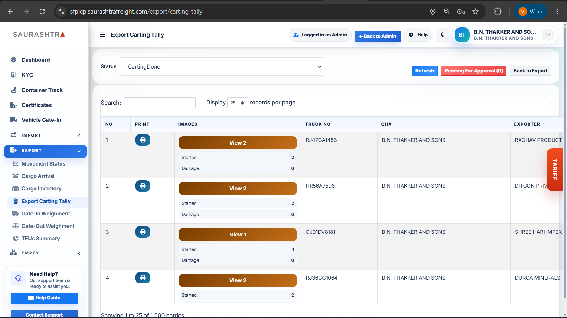 Export Carting Tally Search & Filter