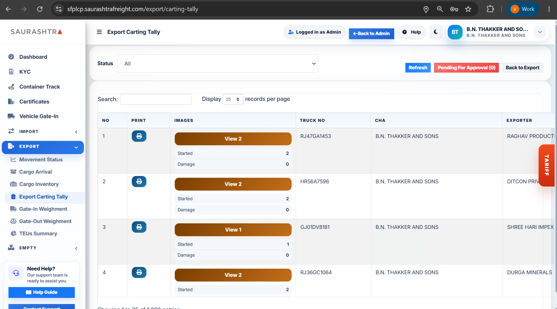 Export Carting Tally Index