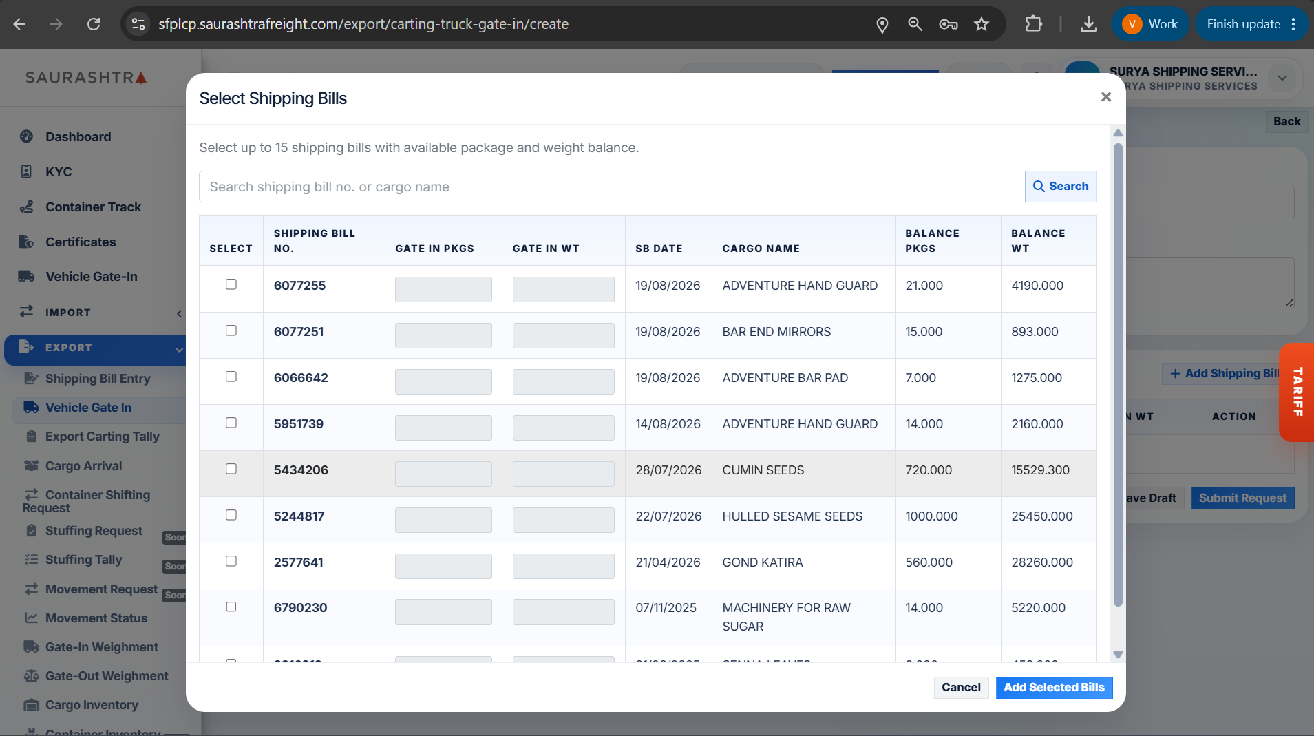 Select Shipping Bills Modal