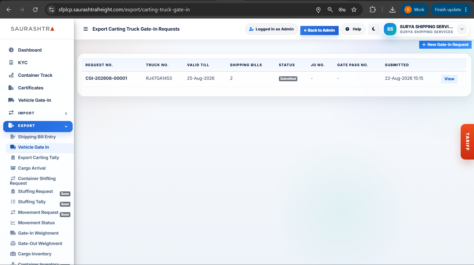 Export Carting Requests Listing