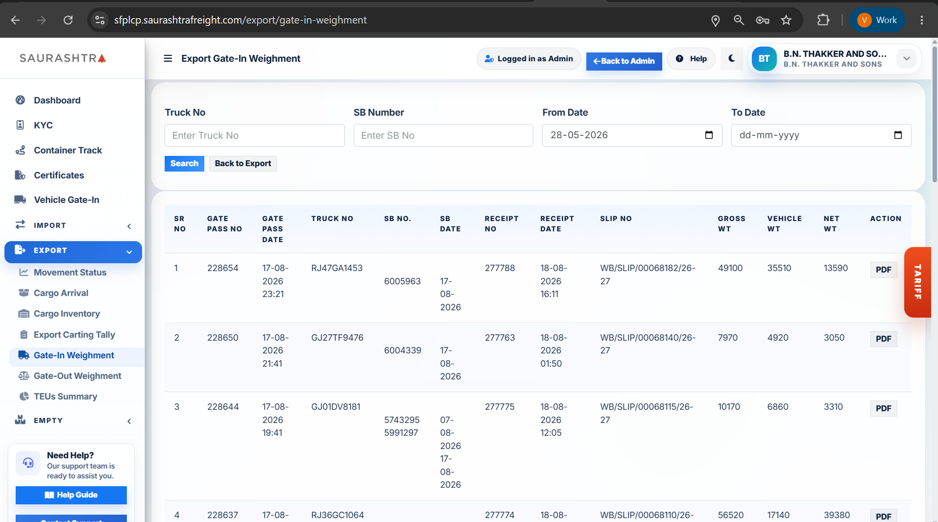 Export Gate-In Weighment Search Form