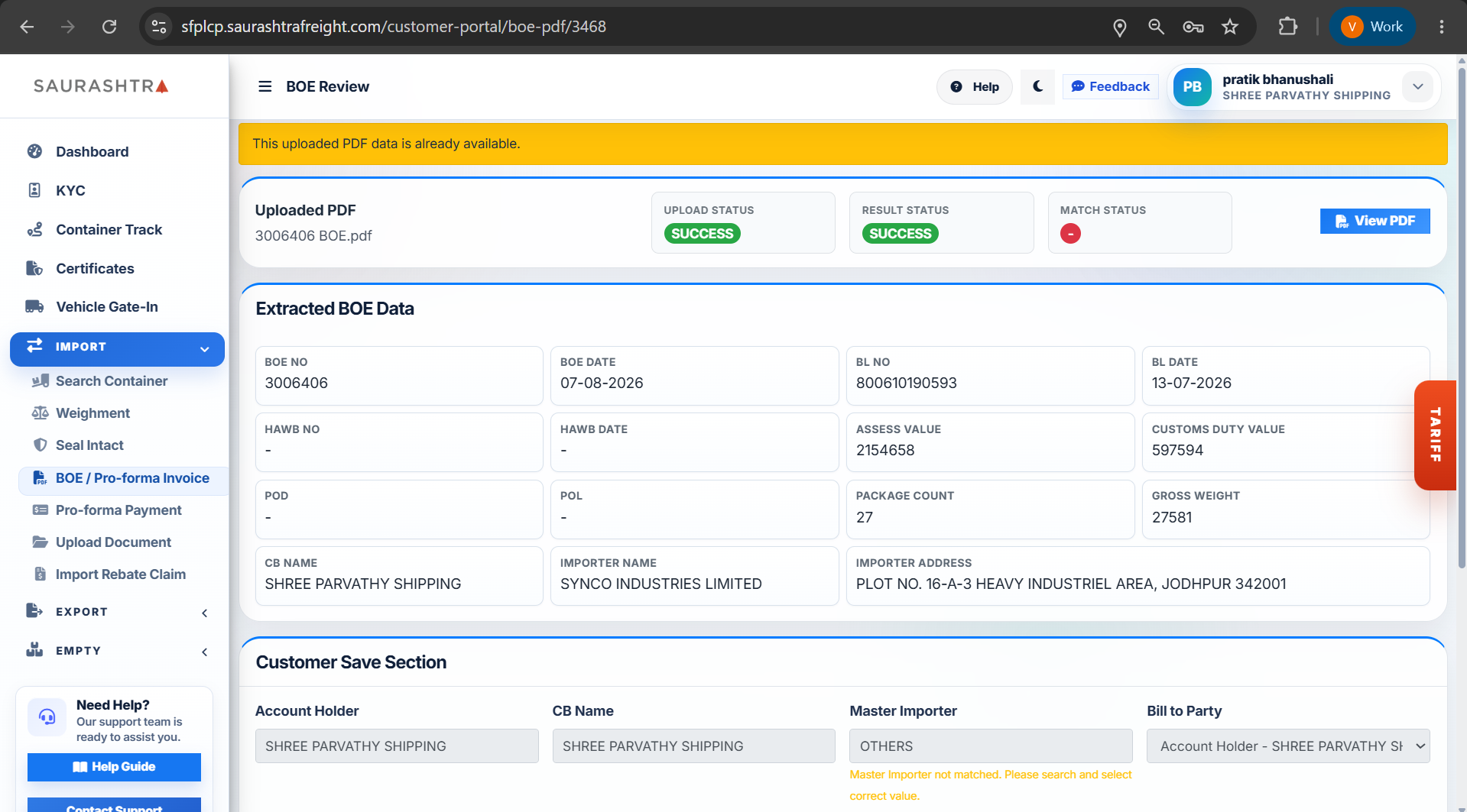 Review Extracted BOE Details