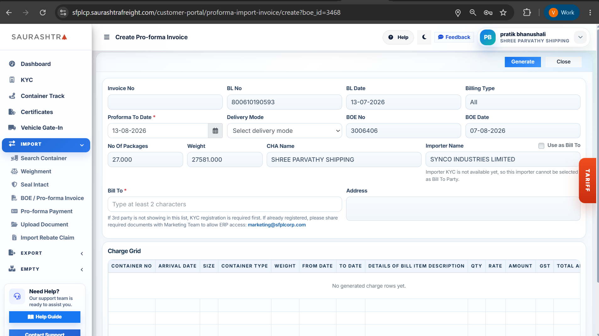 Create Pro-forma Invoice - Container Selection