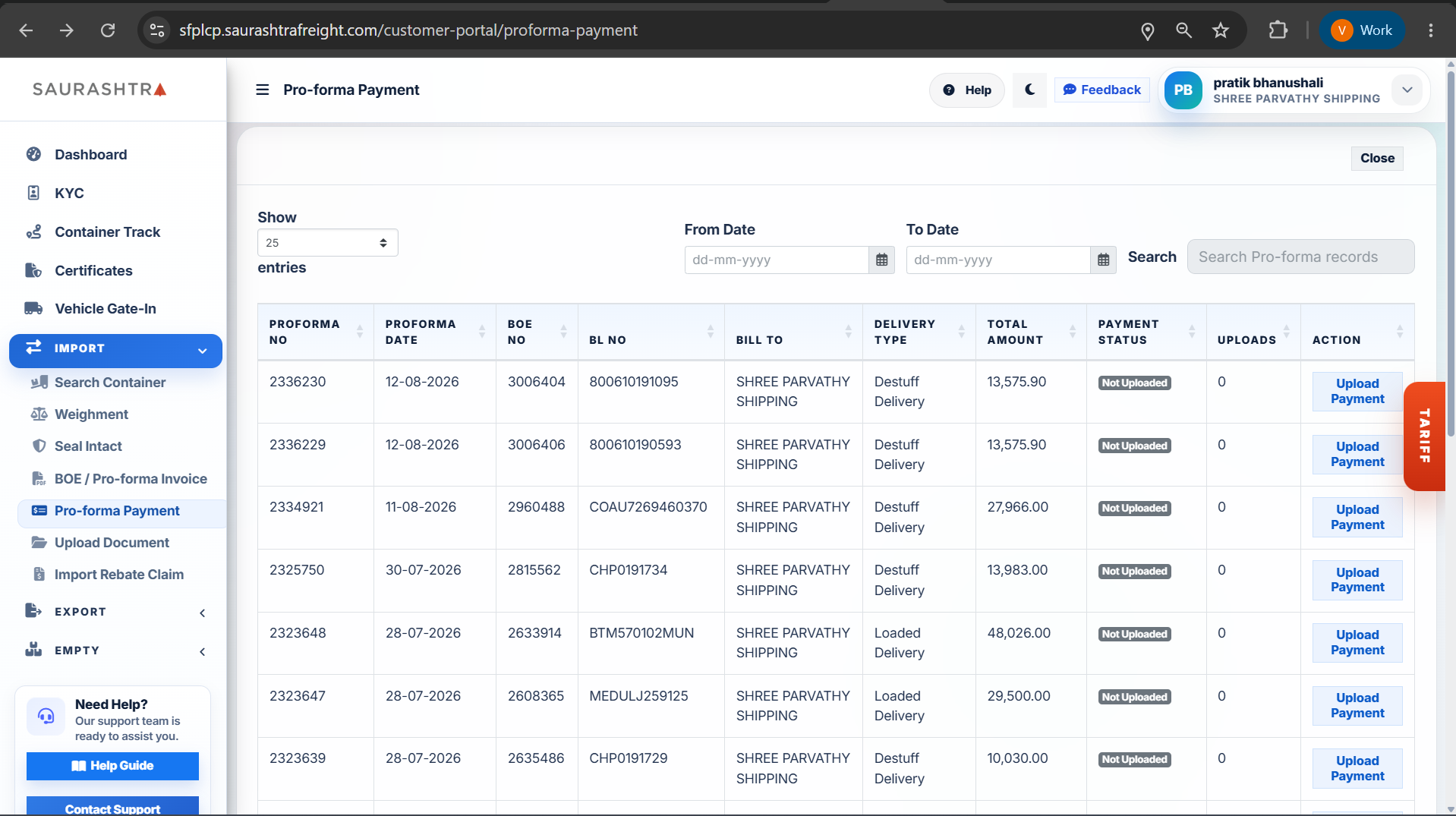 Pro-forma Payment Index List