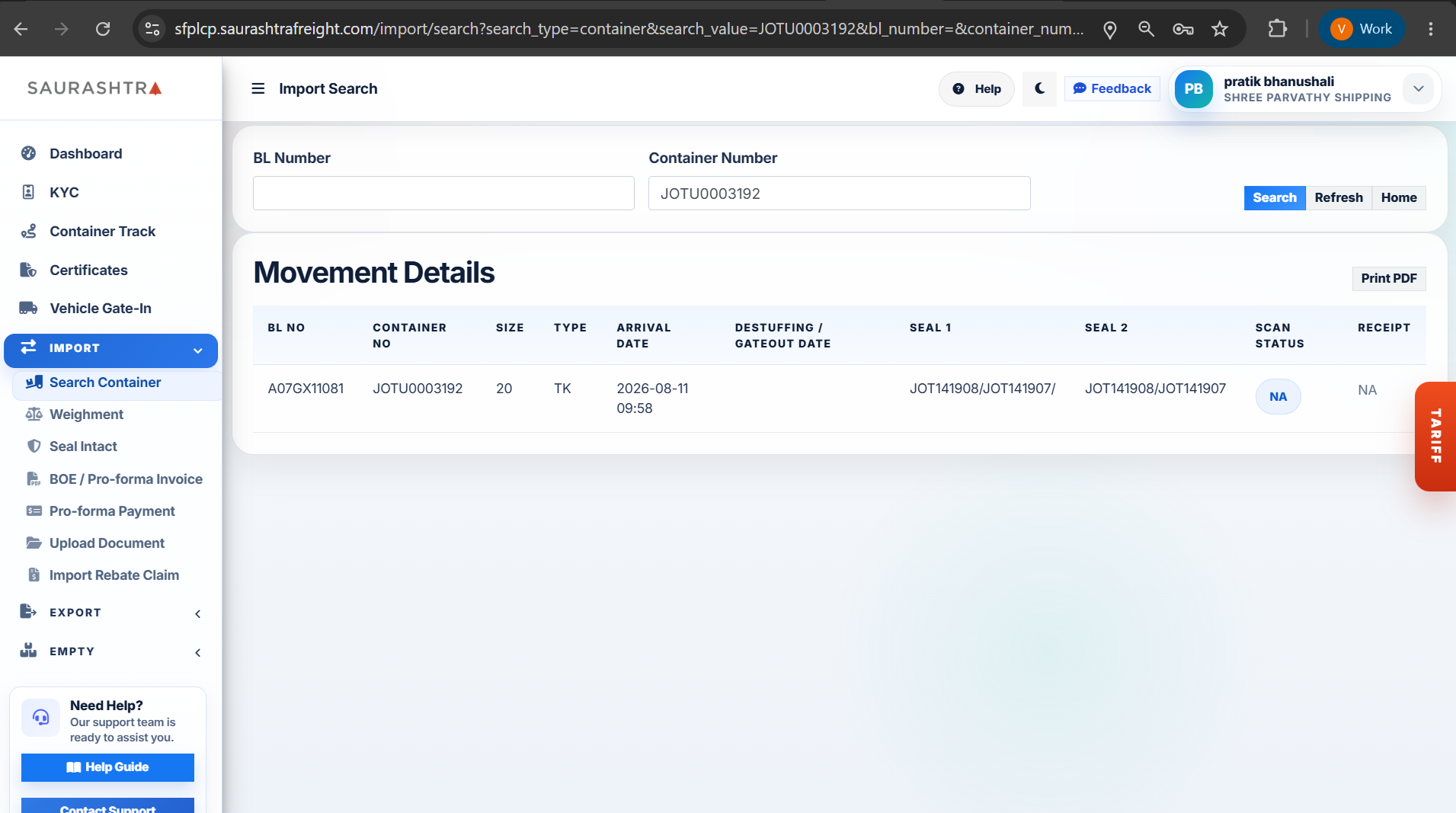Import Search by Container Number