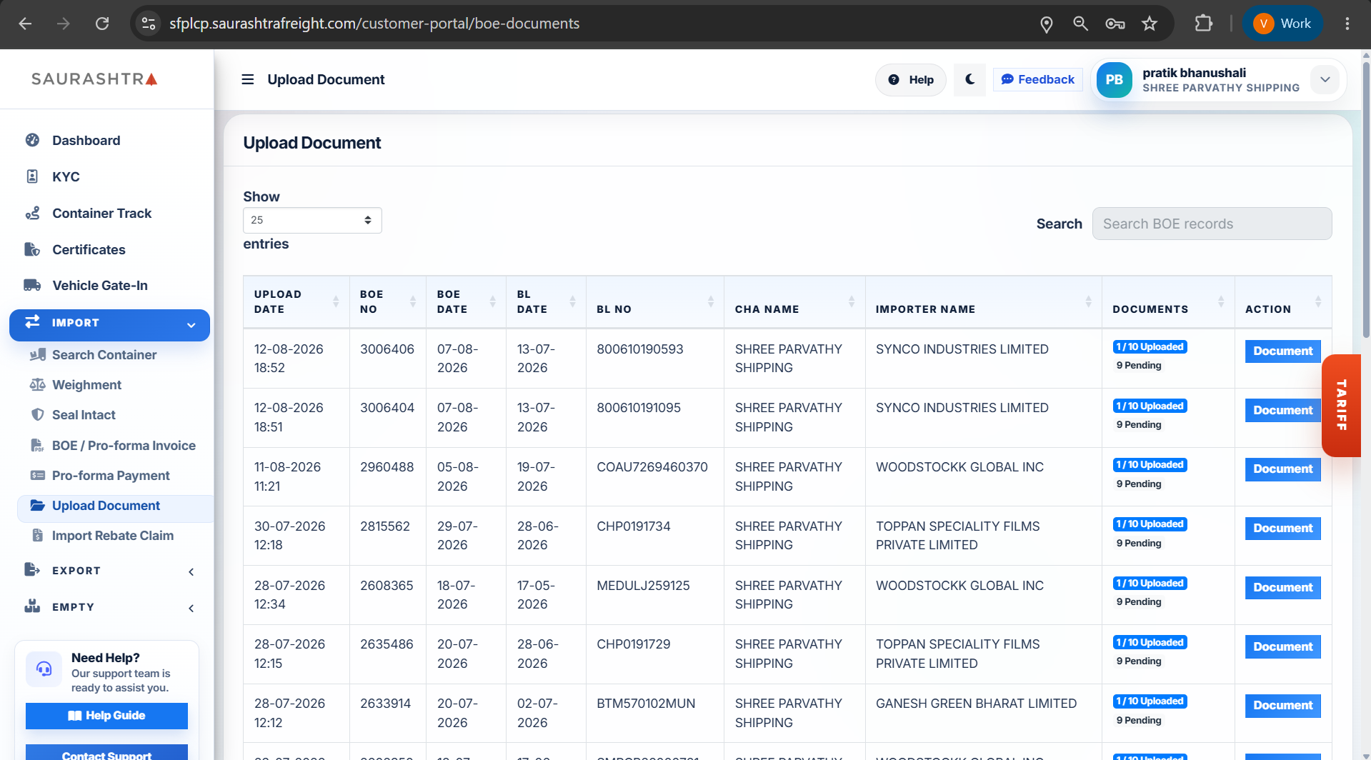 Upload Document List