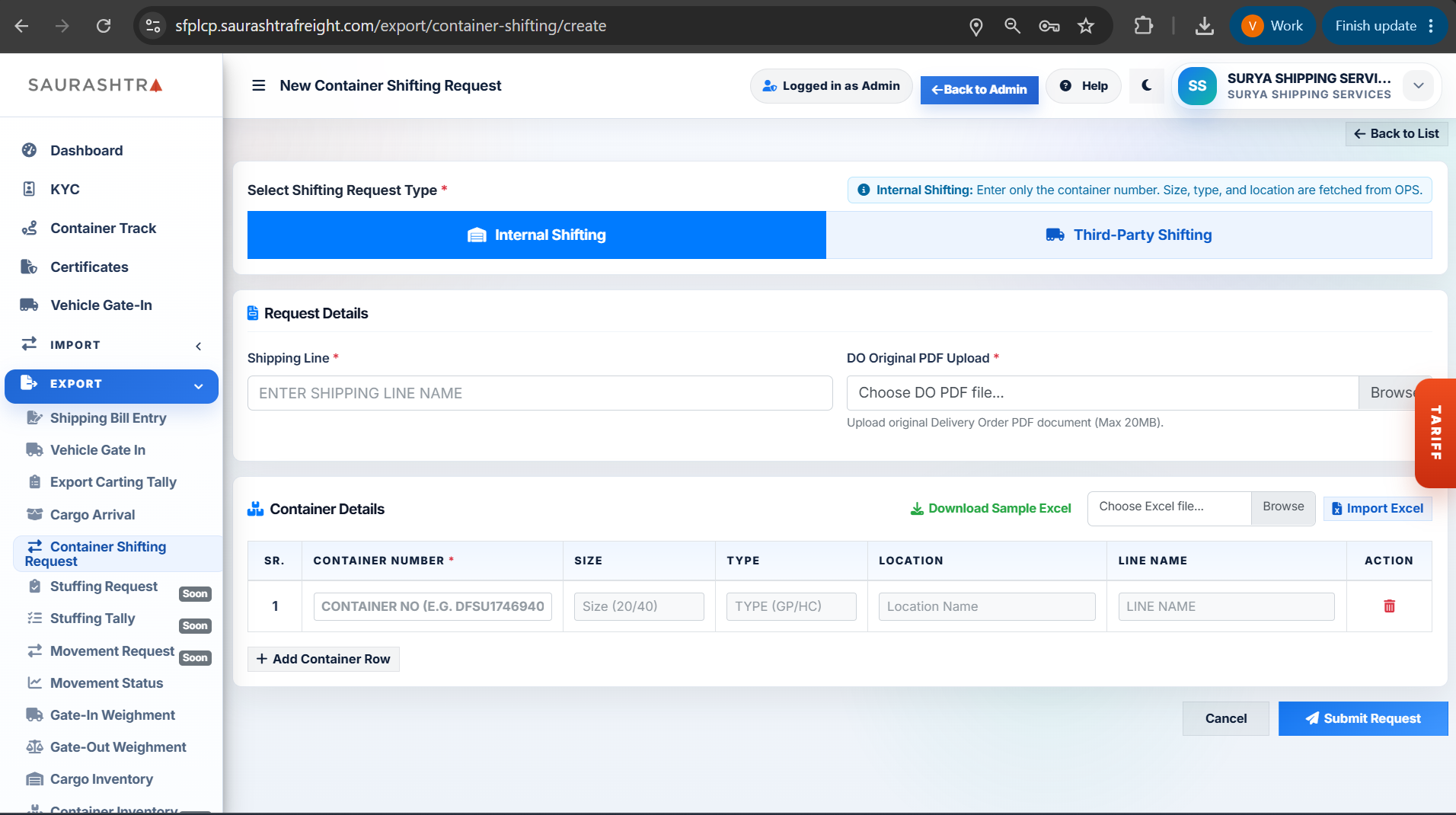Internal Container Shifting Request Form