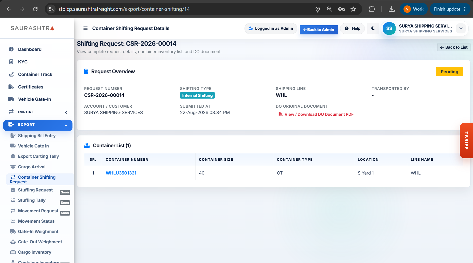 Internal Shifting Request Details View