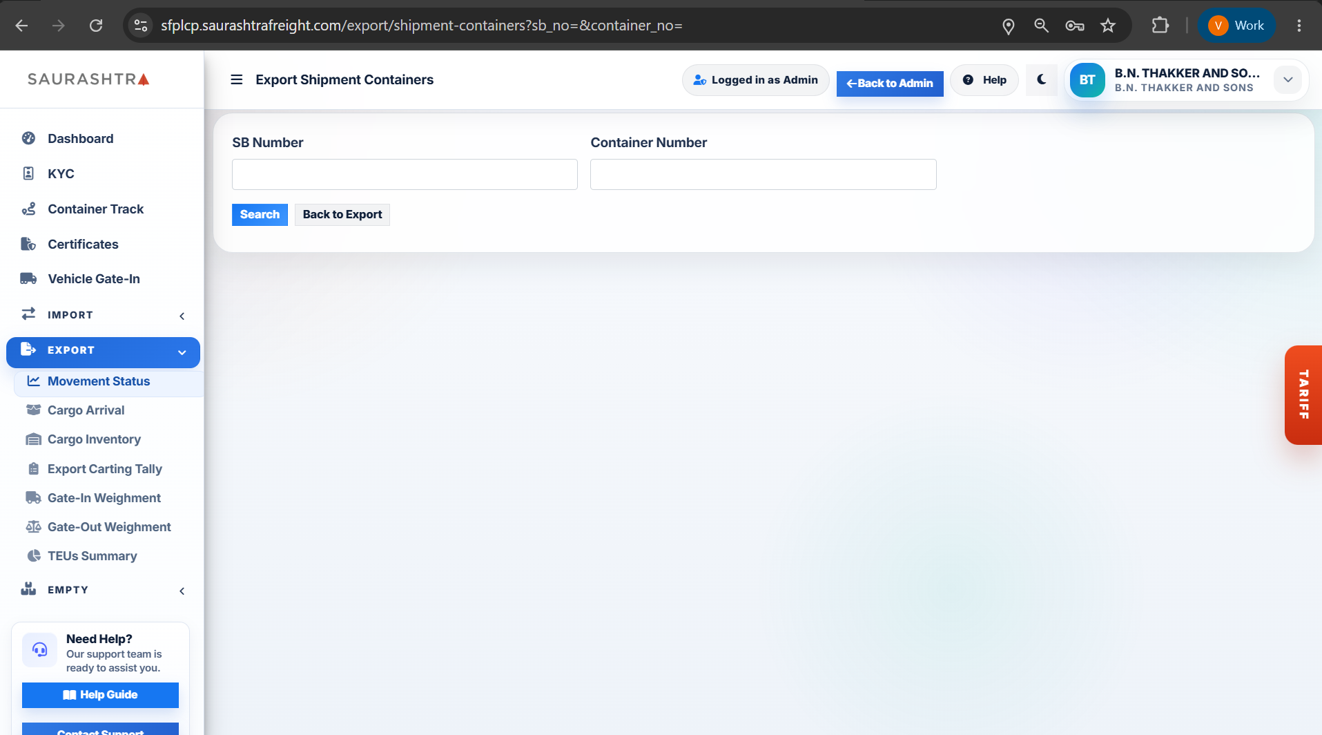 Export Movement Status Search Form