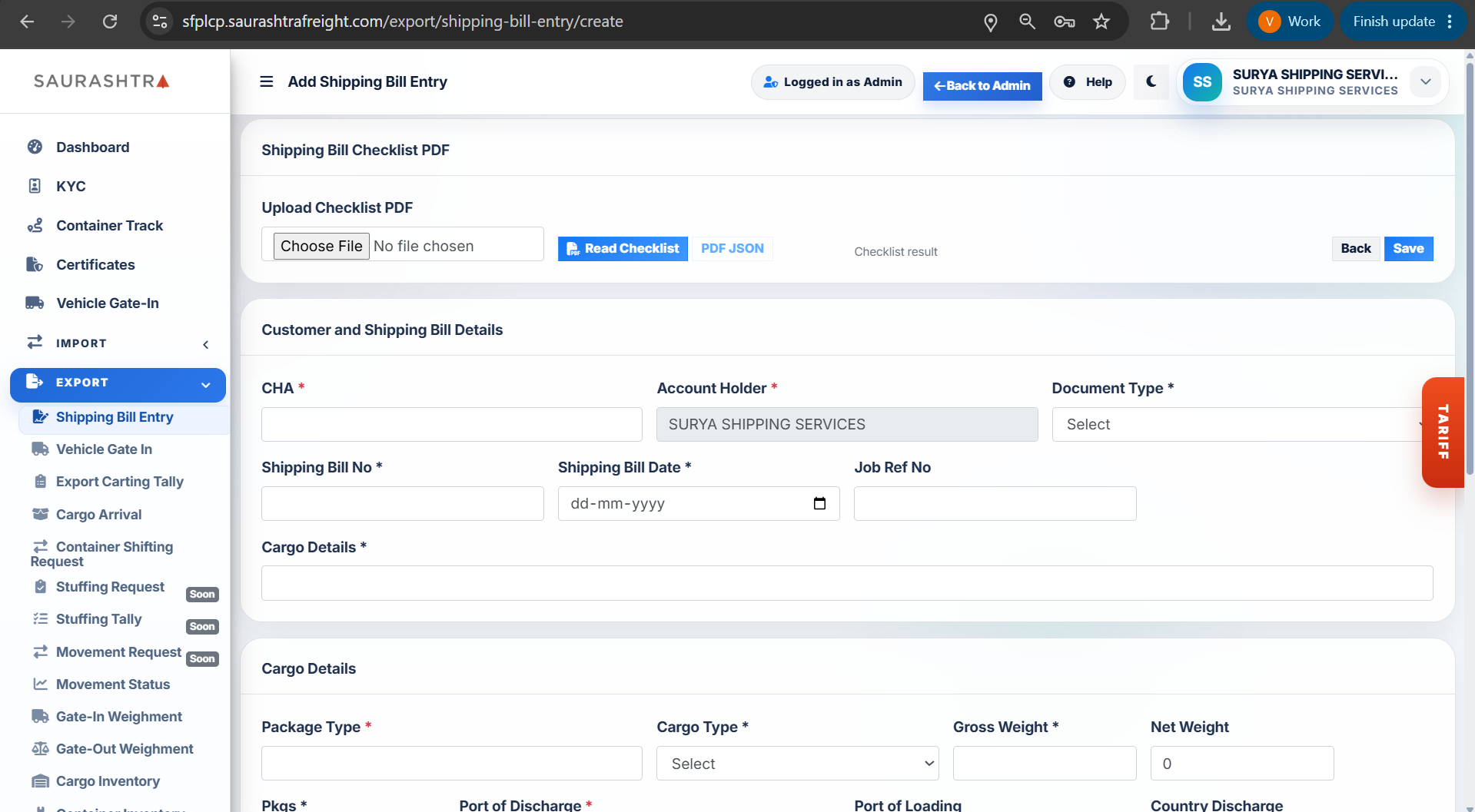 Add Shipping Bill Entry - Checklist & Details
