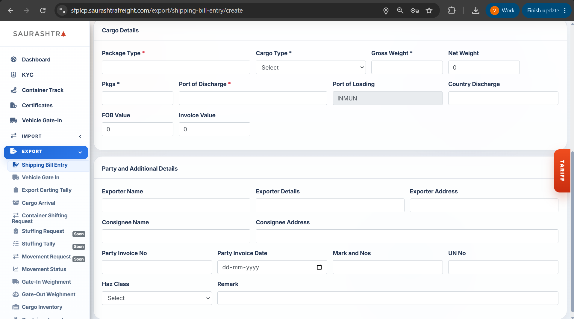 Add Shipping Bill Entry - Cargo & Party Details