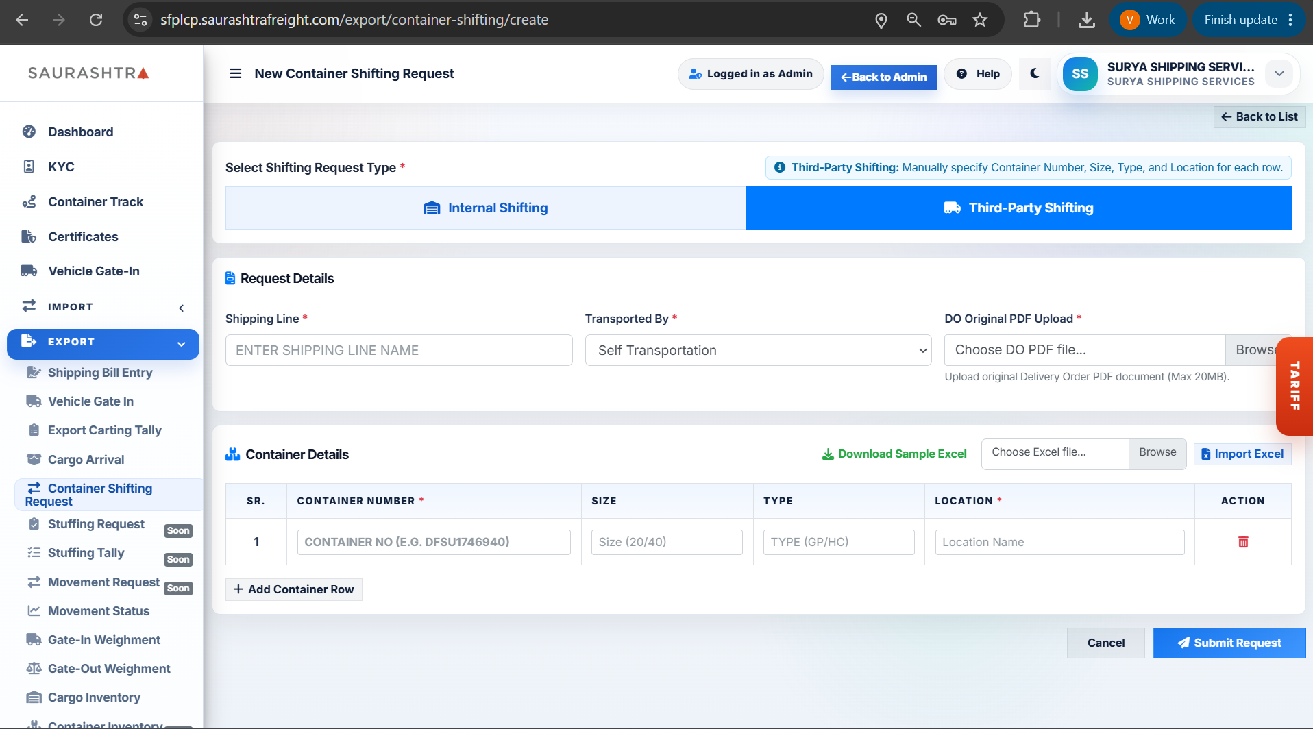 Third-Party Container Shifting Request Form